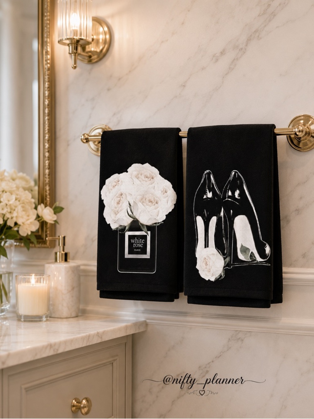 Black Fashion Hand Towels with Floral & Heel Print